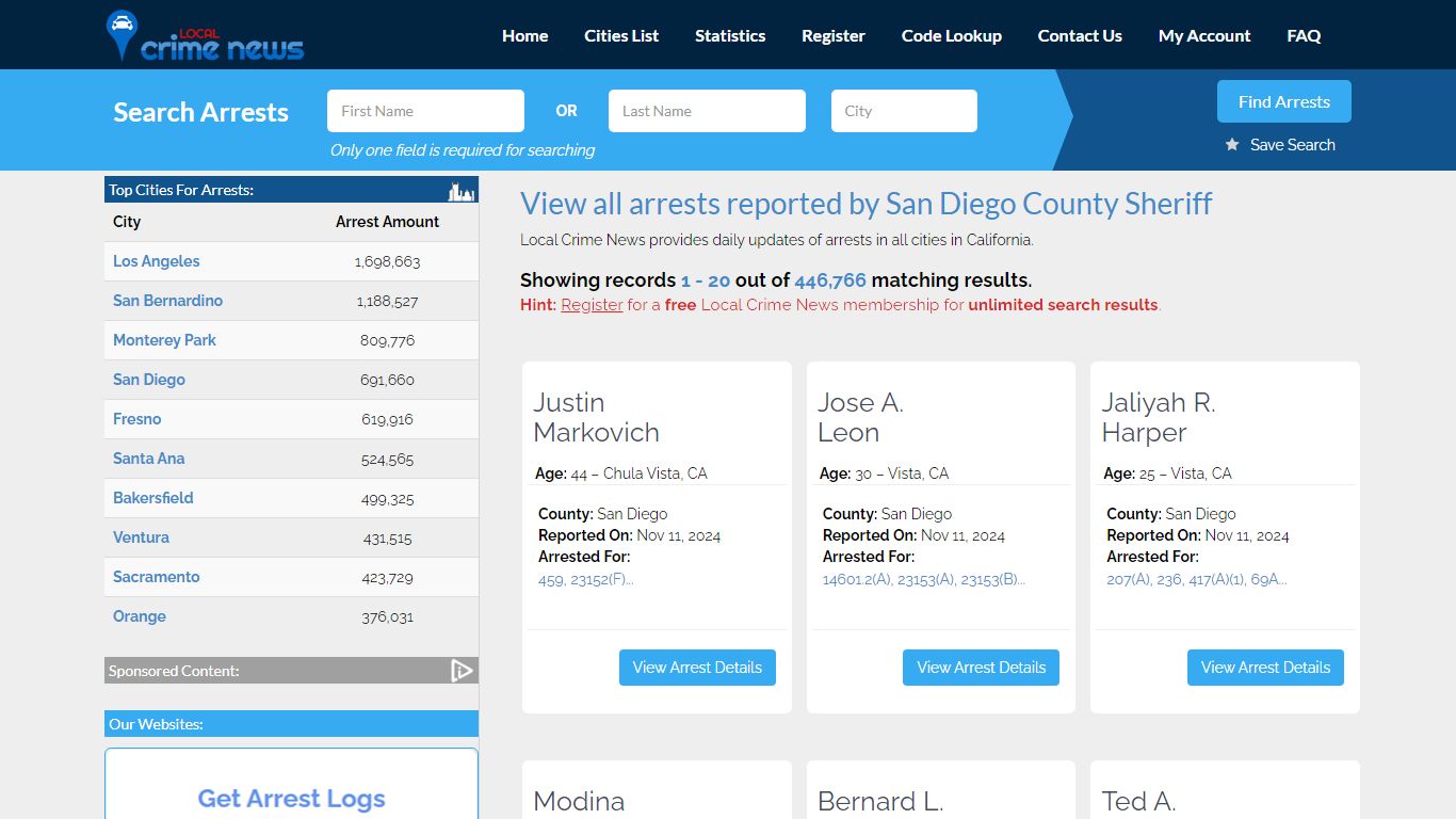 Arrests reported by San Diego County Sheriff - Local Crime News